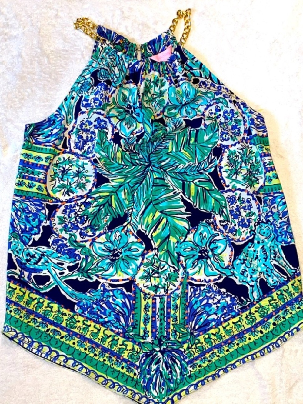 Lilly Pulitzer 100% silk Cabana Escape Tank w/Gold Chain Neck Detail Sz XS